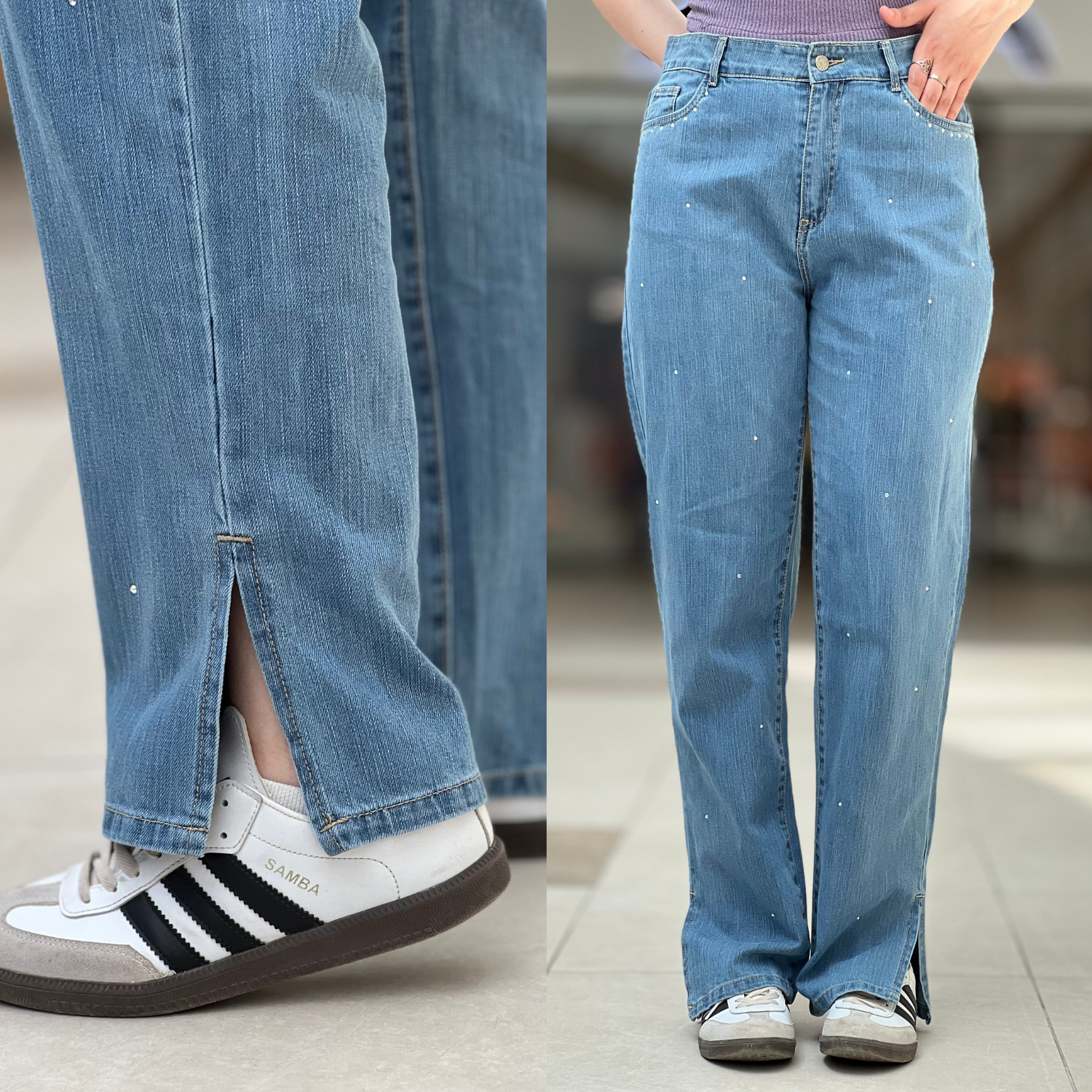 Jean Straight avec fente Strassé